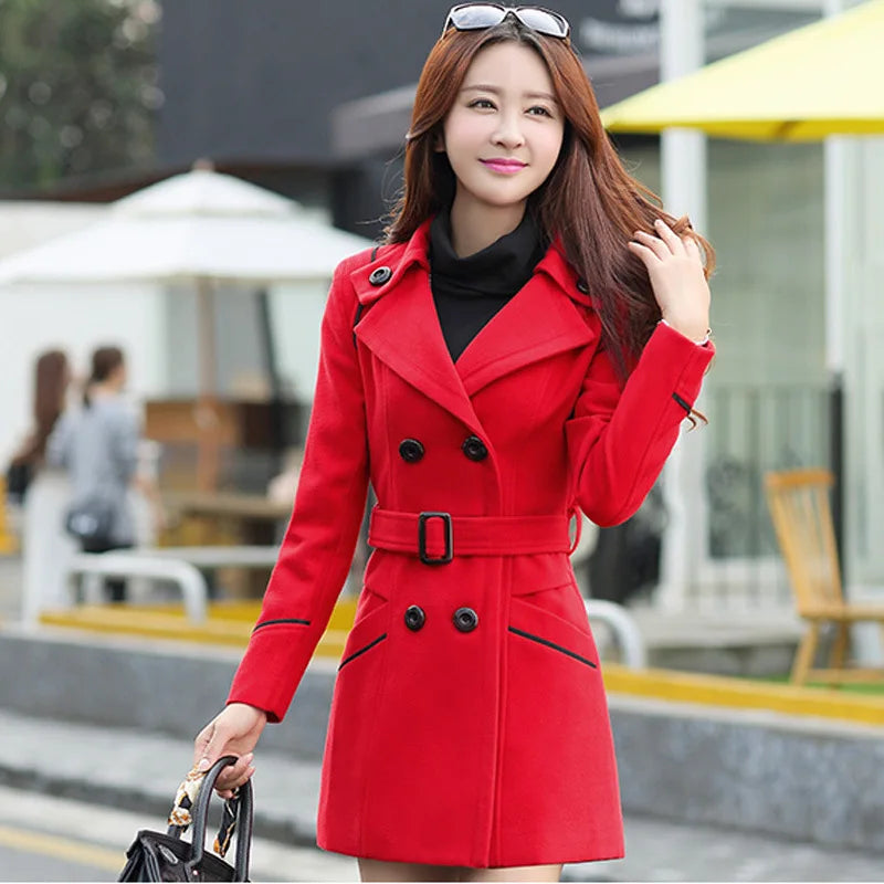 Women's Slim-fit Wool Coat: Stylish, Double-Breasted, Belted, Sizes S-3XL