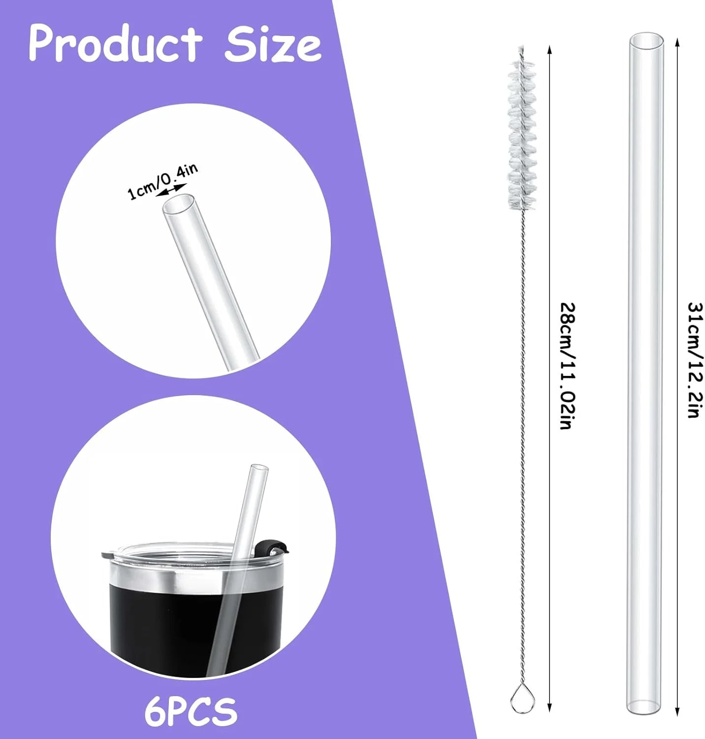 6 Reusable Clear Straws for Stanley 40oz Tumbler - Durable Tritan, Includes Cleaning Brush & 3 Covers