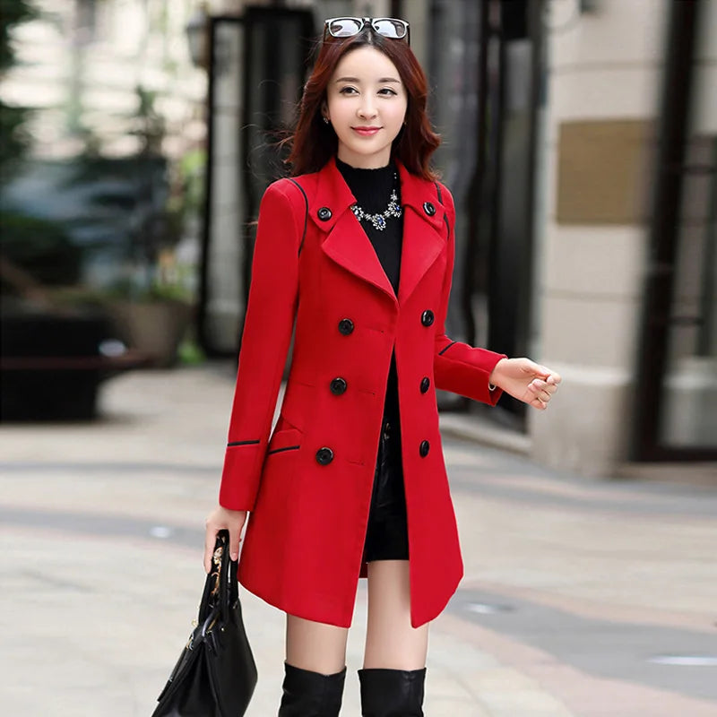 Women's Slim-fit Wool Coat: Stylish, Double-Breasted, Belted, Sizes S-3XL